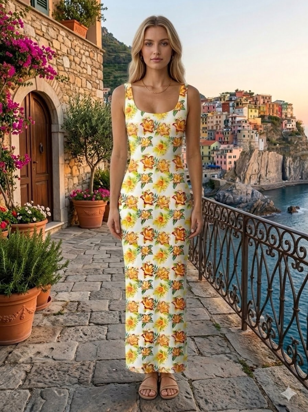 Sleeveless Floral Scoop Neck Maxi Dress in Yellow and Cream by